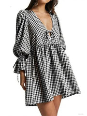Women's Gingham Puff Long Sleeve Tie Front Babydoll Mini Dress