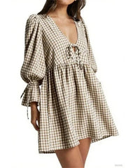 Women's Gingham Puff Long Sleeve Tie Front Babydoll Mini Dress