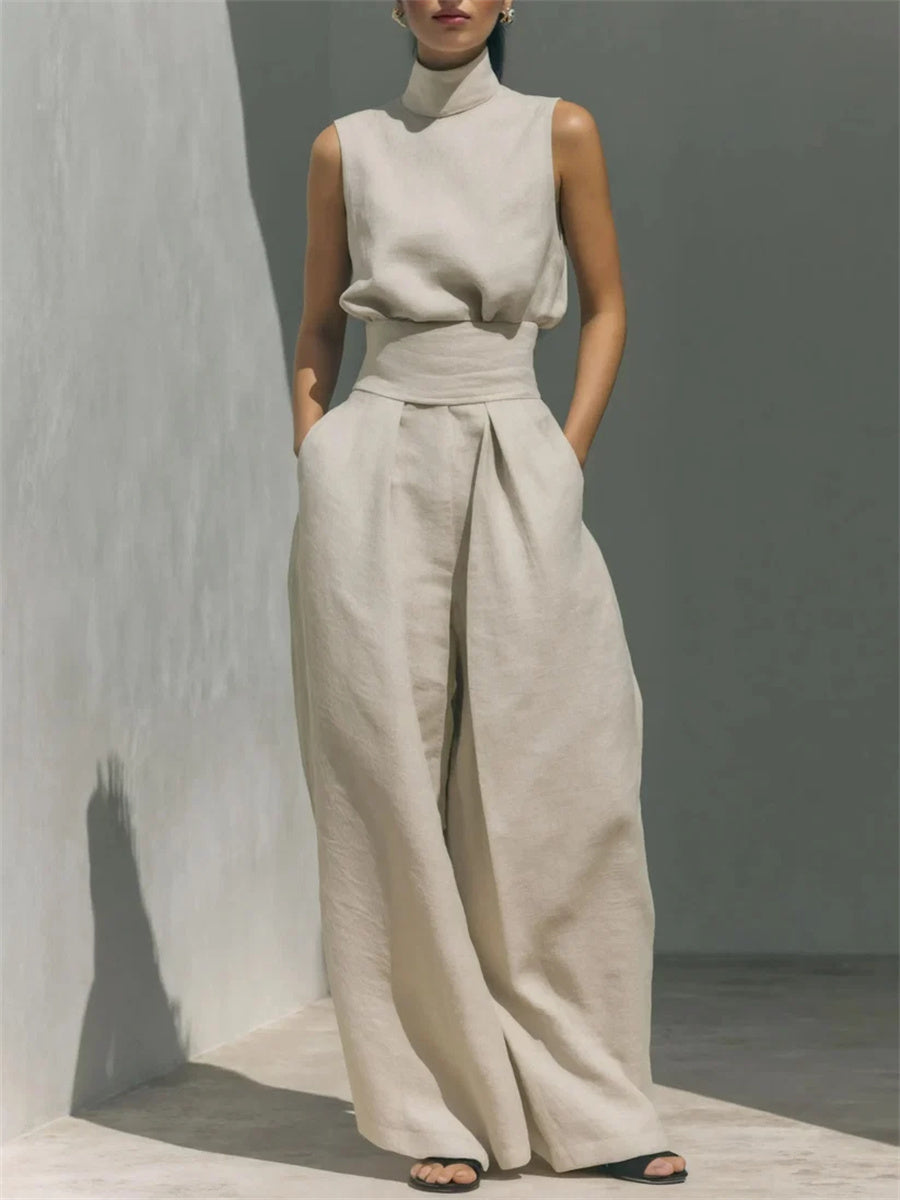 Women's Casual Minimalist High Neck Sleeveless Matching Wide Leg Trousers Set