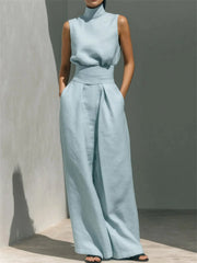 Women's Casual Minimalist High Neck Sleeveless Matching Wide Leg Trousers Set