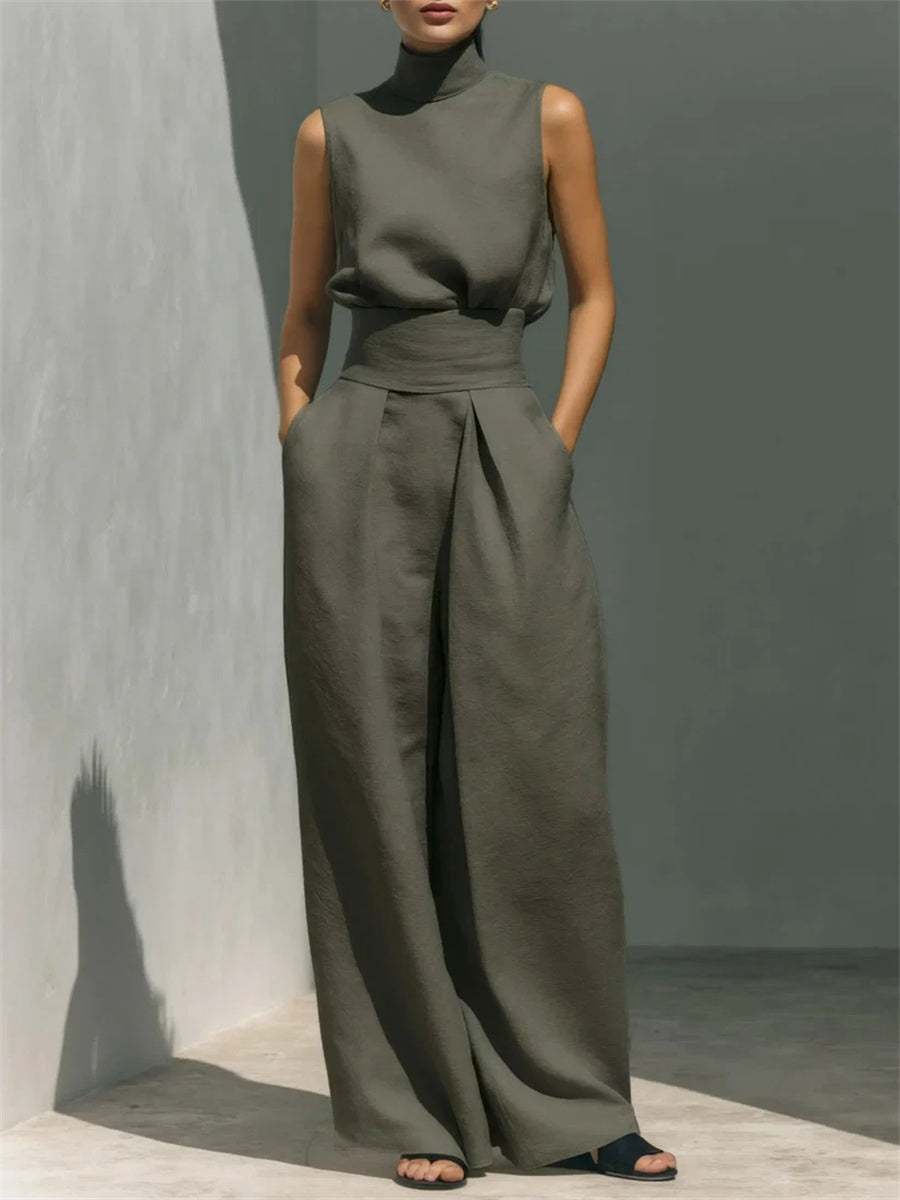 Women's Casual Minimalist High Neck Sleeveless Matching Wide Leg Trousers Set