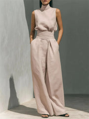 Women's Casual Minimalist High Neck Sleeveless Matching Wide Leg Trousers Set