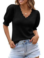 Women's Versatile Puff Sleeve Ruffle Trim Knit Blouse