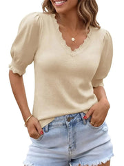 Women's Versatile Puff Sleeve Ruffle Trim Knit Blouse