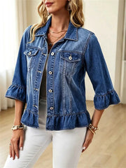 Women's 3/4 Ruffle Sleeve Denim Jacket