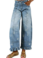 Women's Floral Ruffle Hem Wide Leg Jeans