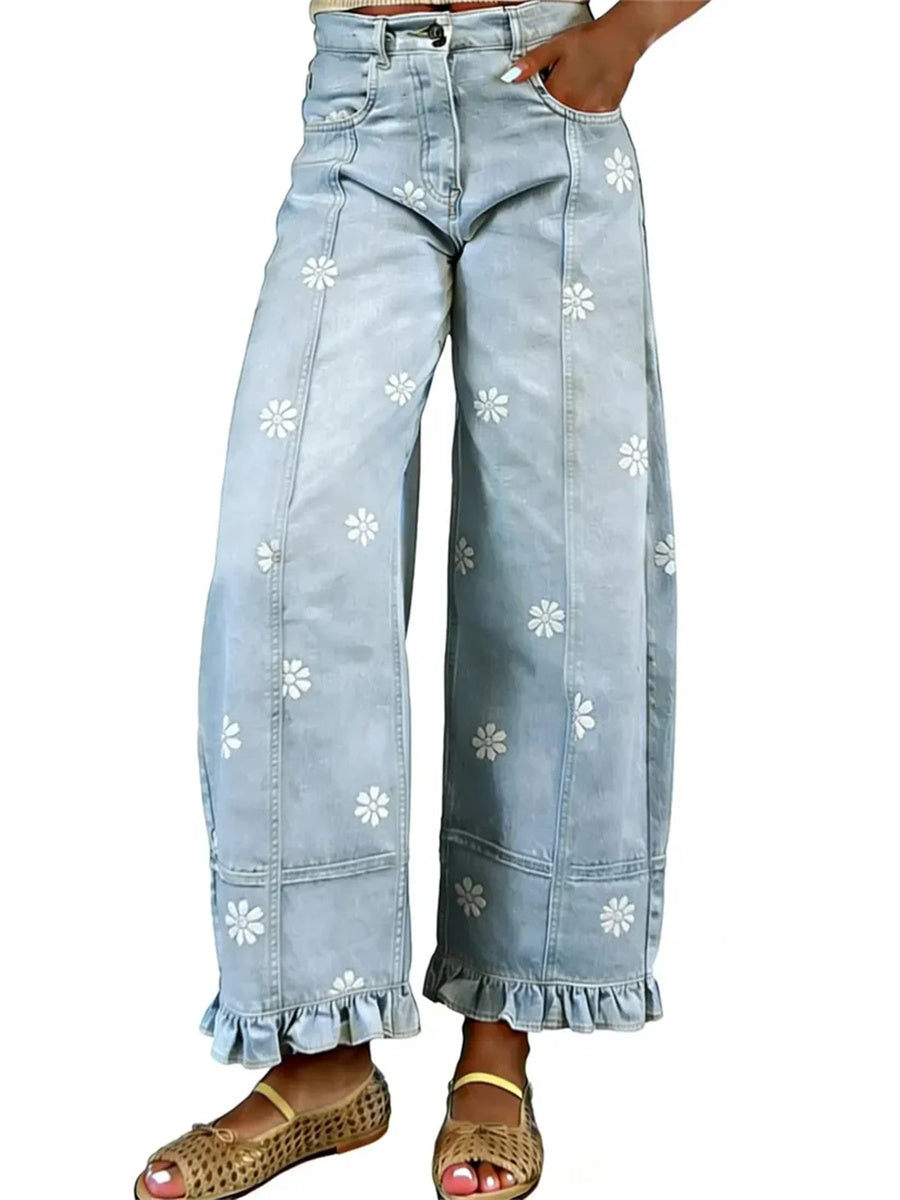 Women's Floral Ruffle Hem Wide Leg Jeans
