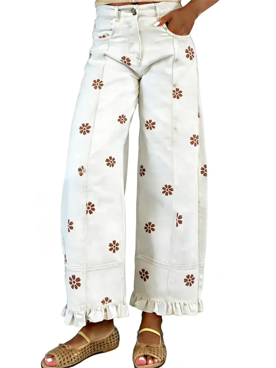 Women's Floral Ruffle Hem Wide Leg Jeans