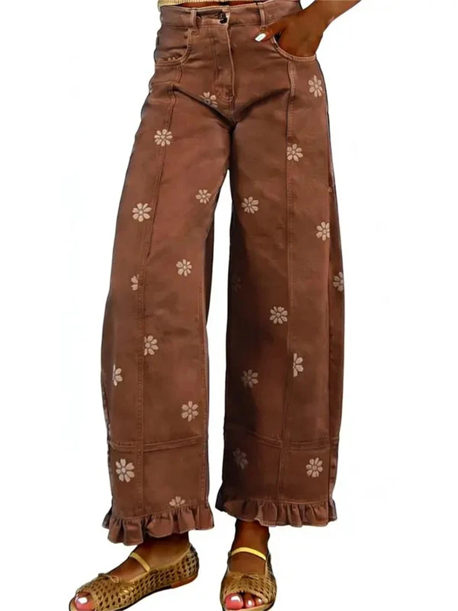 Women's Floral Ruffle Hem Wide Leg Jeans