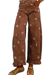 Women's Floral Ruffle Hem Wide Leg Jeans