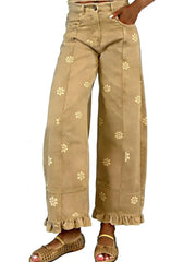 Women's Floral Ruffle Hem Wide Leg Jeans