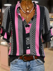 Women's Polka Dot Stripe Fringe Short Sleeve Blouse