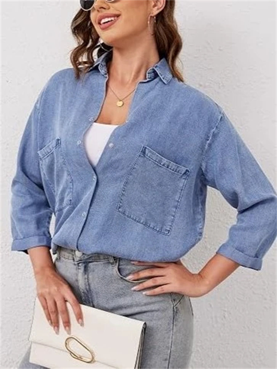 Women's Loose Collared 3/4 Sleeve Pocket Denim Shirt Tops