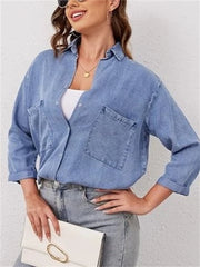 Women's Loose Collared 3/4 Sleeve Pocket Denim Shirt Tops