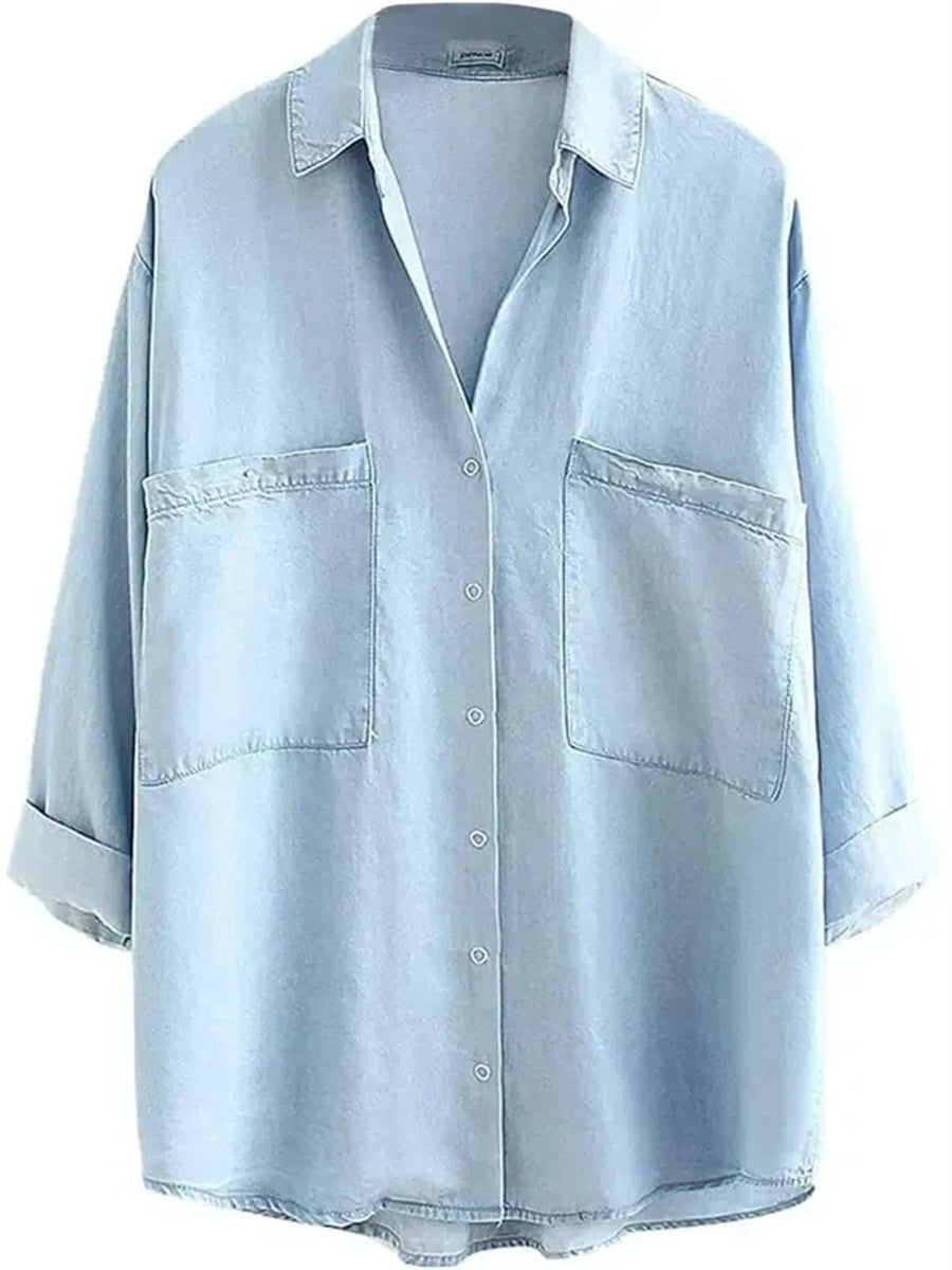 Women's Loose Collared 3/4 Sleeve Pocket Denim Shirt Tops