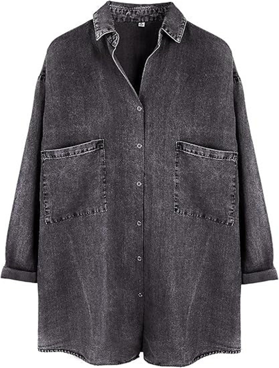Women's Loose Collared 3/4 Sleeve Pocket Denim Shirt Tops