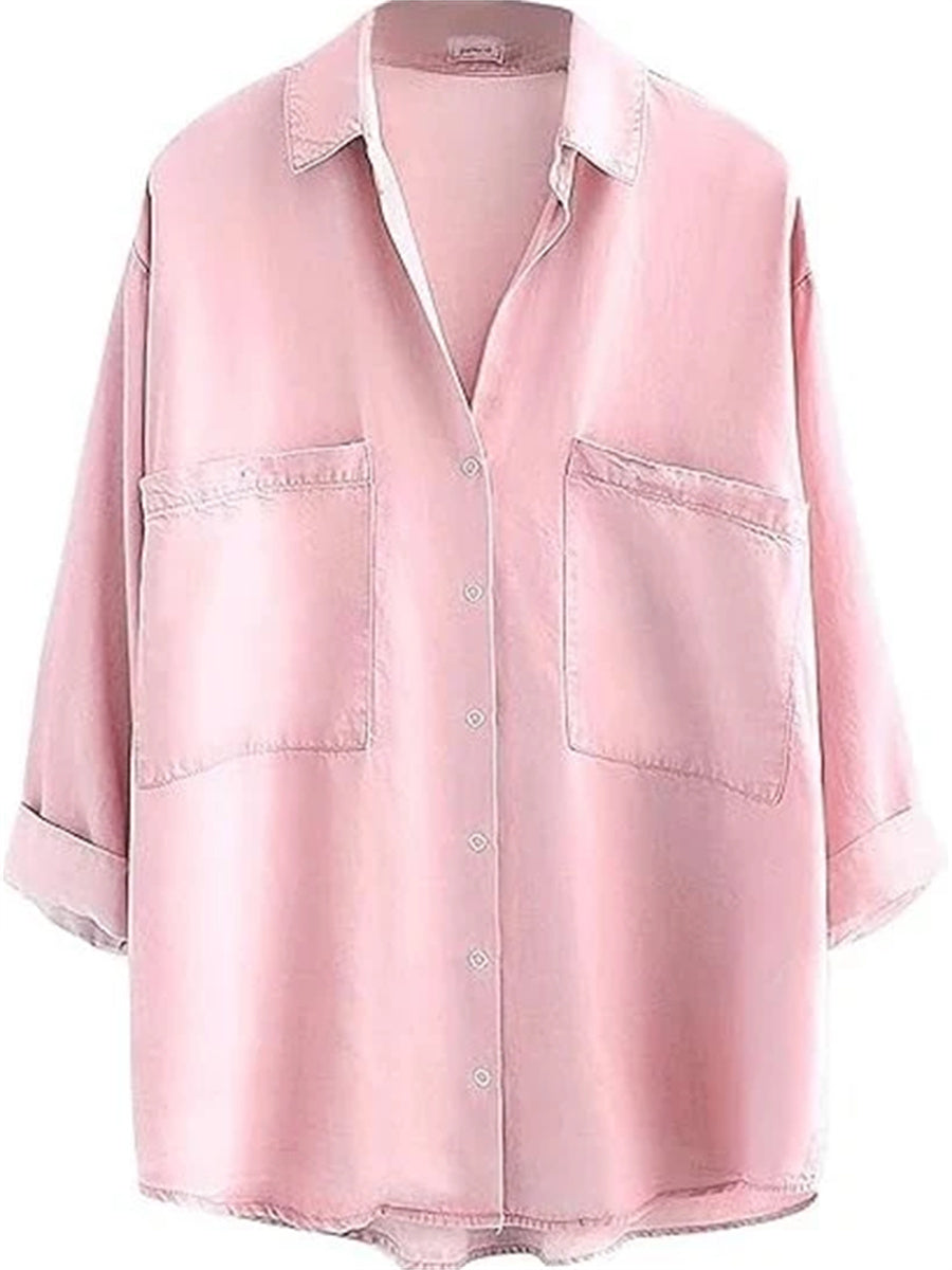 Women's Loose Collared 3/4 Sleeve Pocket Denim Shirt Tops