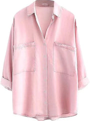 Women's Loose Collared 3/4 Sleeve Pocket Denim Shirt Tops