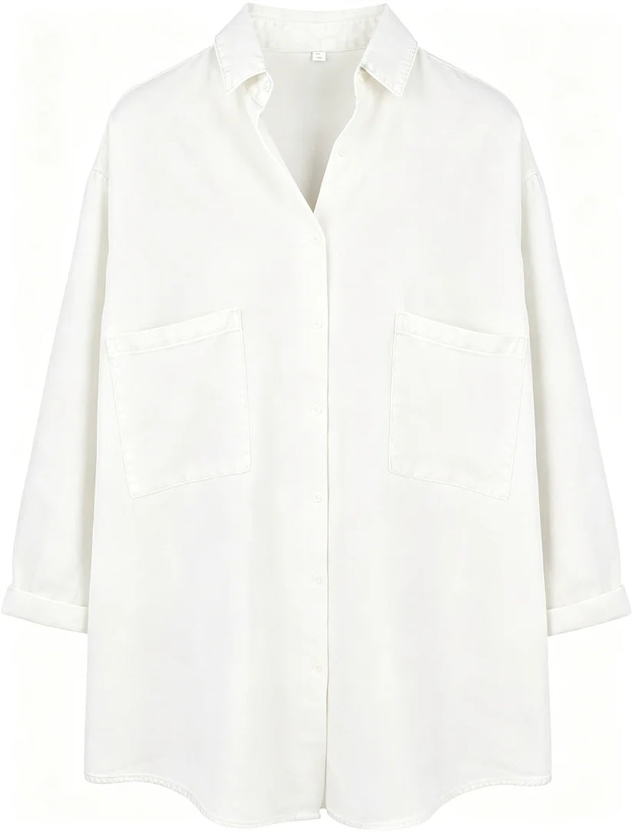 Women's Loose Collared 3/4 Sleeve Pocket Denim Shirt Tops