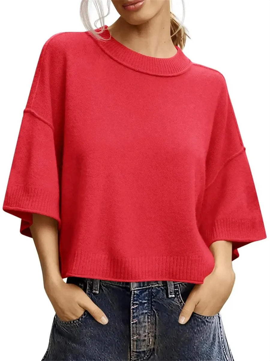 Women's Minimalist Crew Neck 3/4 Sleeve Oversized Knit Top