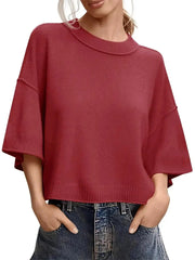 Women's Minimalist Crew Neck 3/4 Sleeve Oversized Knit Top