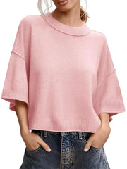 Women's Minimalist Crew Neck 3/4 Sleeve Oversized Knit Top