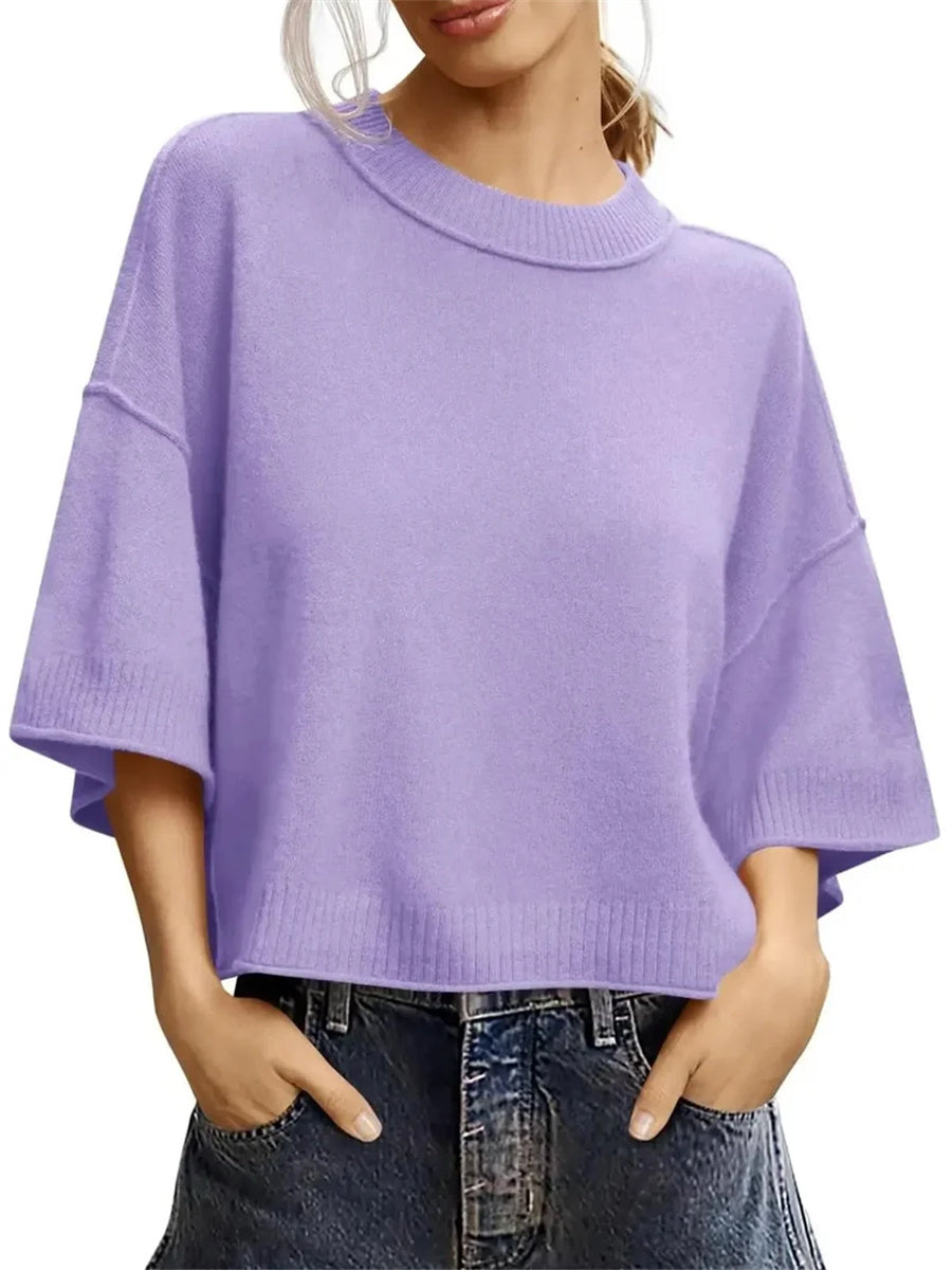 Women's Minimalist Crew Neck 3/4 Sleeve Oversized Knit Top