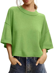 Women's Minimalist Crew Neck 3/4 Sleeve Oversized Knit Top