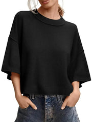 Women's Minimalist Crew Neck 3/4 Sleeve Oversized Knit Top