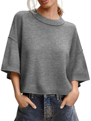 Women's Minimalist Crew Neck 3/4 Sleeve Oversized Knit Top
