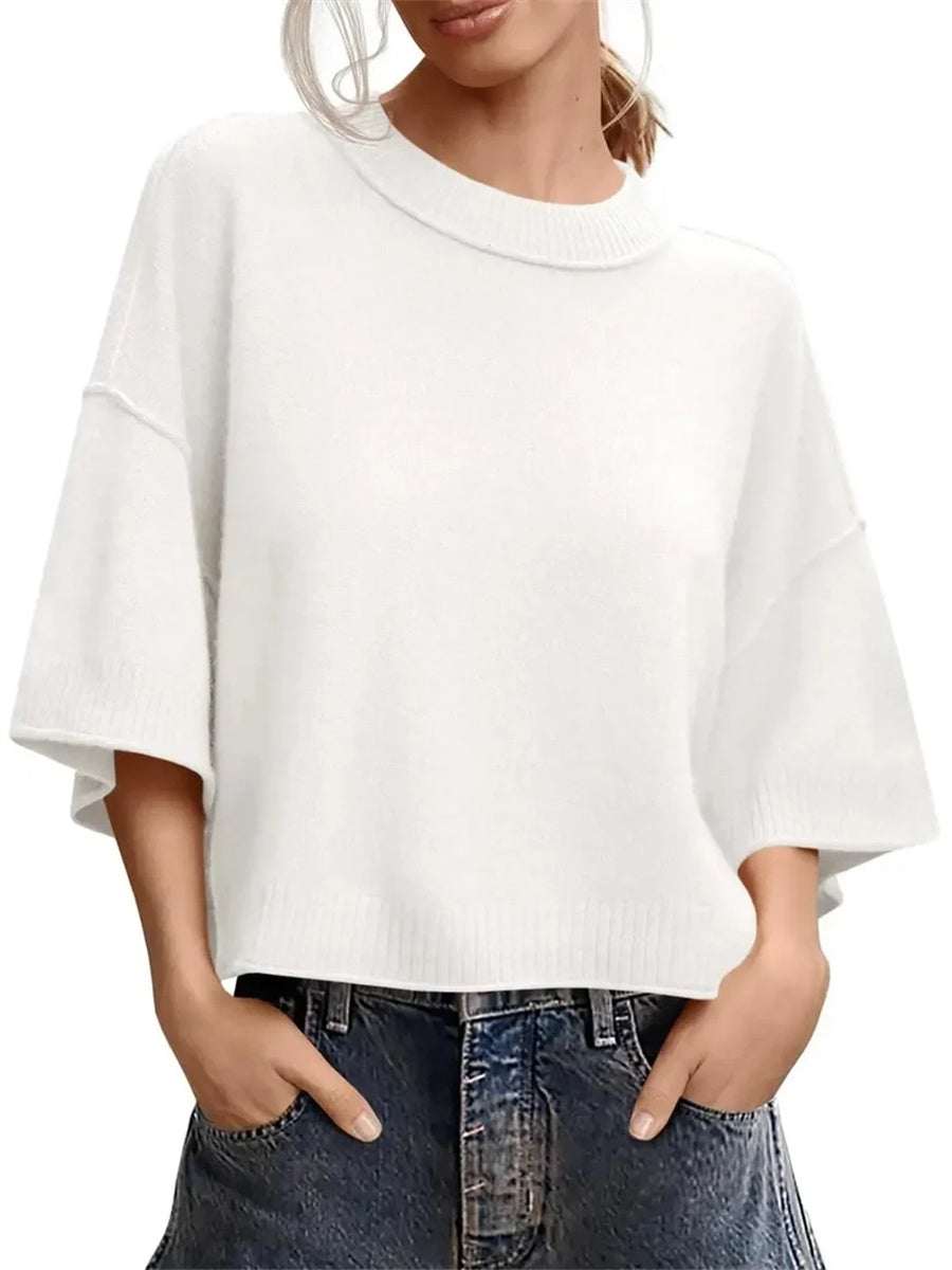 Women's Minimalist Crew Neck 3/4 Sleeve Oversized Knit Top