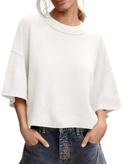 Women's Minimalist Crew Neck 3/4 Sleeve Oversized Knit Top