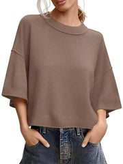 Women's Minimalist Crew Neck 3/4 Sleeve Oversized Knit Top