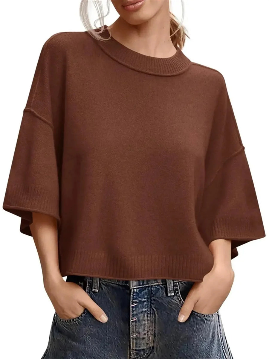 Women's Minimalist Crew Neck 3/4 Sleeve Oversized Knit Top