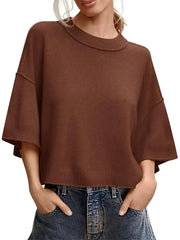 Women's Minimalist Crew Neck 3/4 Sleeve Oversized Knit Top
