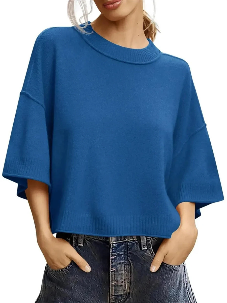 Women's Minimalist Crew Neck 3/4 Sleeve Oversized Knit Top