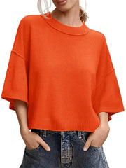 Women's Minimalist Crew Neck 3/4 Sleeve Oversized Knit Top
