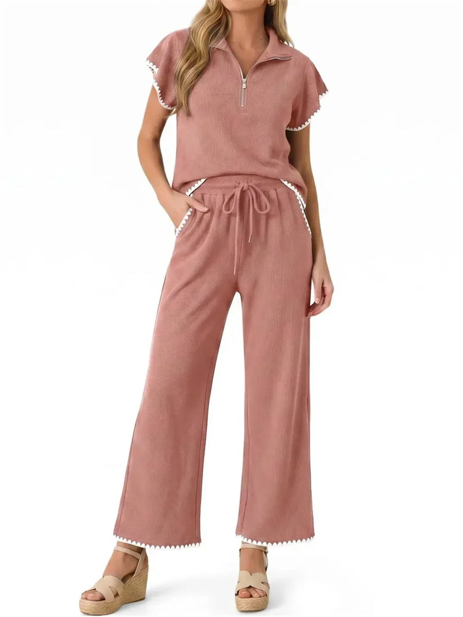 Women's Scallop Trim Zip Collar Two Piece Outfit