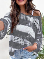 Women's Casual Striped Color Block Long Sleeve Hollow-Out Knit Top