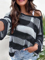 Women's Casual Striped Color Block Long Sleeve Hollow-Out Knit Top