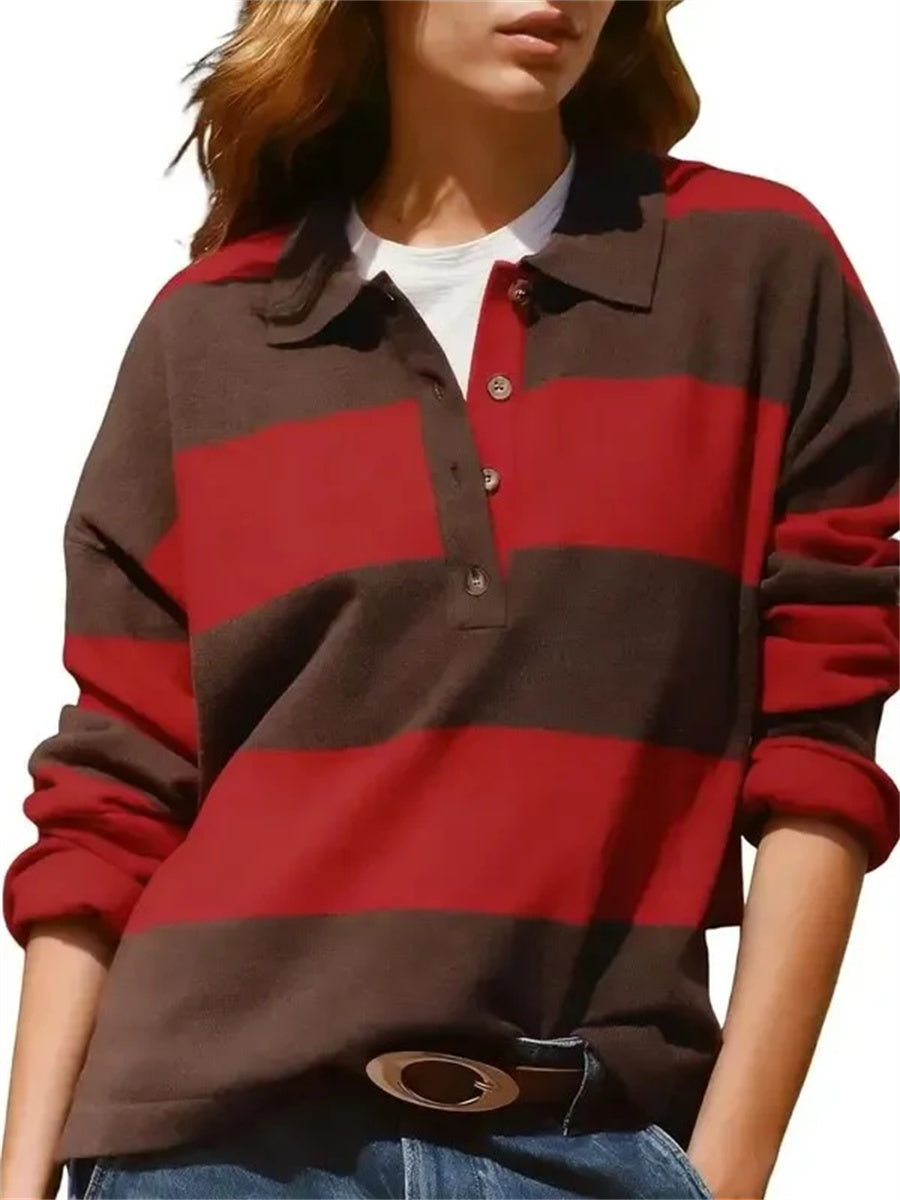 Women's Long Sleeve Striped Button Knit Polo Shirt