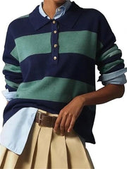 Women's Long Sleeve Striped Button Knit Polo Shirt
