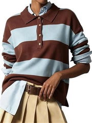 Women's Long Sleeve Striped Button Knit Polo Shirt