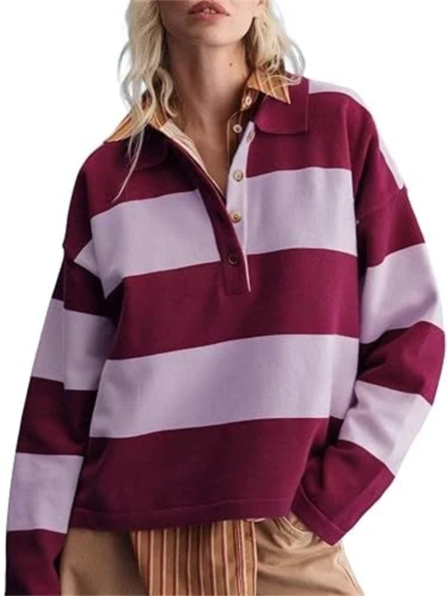 Women's Long Sleeve Striped Button Knit Polo Shirt