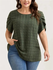 Women's Dot Textured Petal Crew Neck Short Sleeve Blouse
