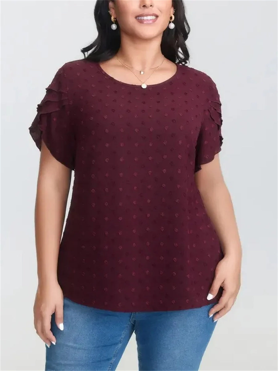 Women's Dot Textured Petal Crew Neck Short Sleeve Blouse