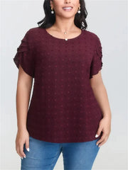 Women's Dot Textured Petal Crew Neck Short Sleeve Blouse