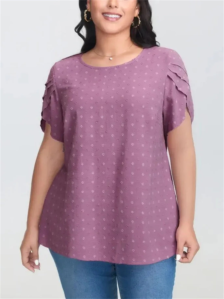 Women's Dot Textured Petal Crew Neck Short Sleeve Blouse