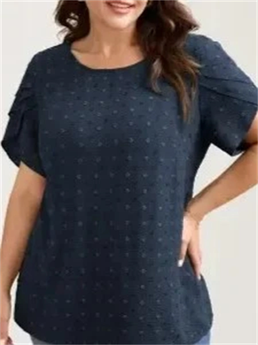 Women's Dot Textured Petal Crew Neck Short Sleeve Blouse