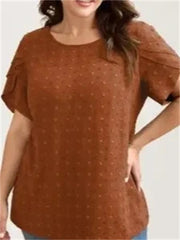 Women's Dot Textured Petal Crew Neck Short Sleeve Blouse